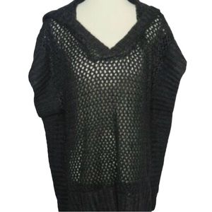 Mystree Womens Poncho Pullover Sweater Black Chunky Knit Hooded Acrylic Size M/L